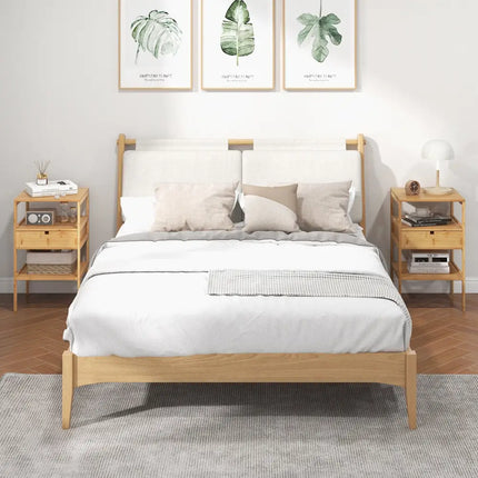 Nightstand Set of 2 Bamboo End Table with 2 Open Shelves and Drawer-Set of 2 - Natural - Nightstands
