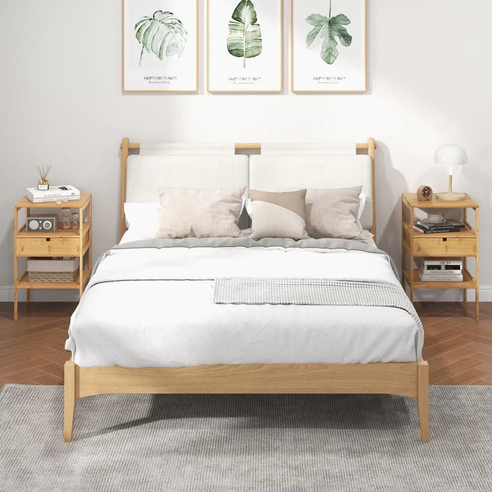 Nightstand Set of 2 Bamboo End Table with 2 Open Shelves and Drawer-Set of 2 - Natural - Nightstands