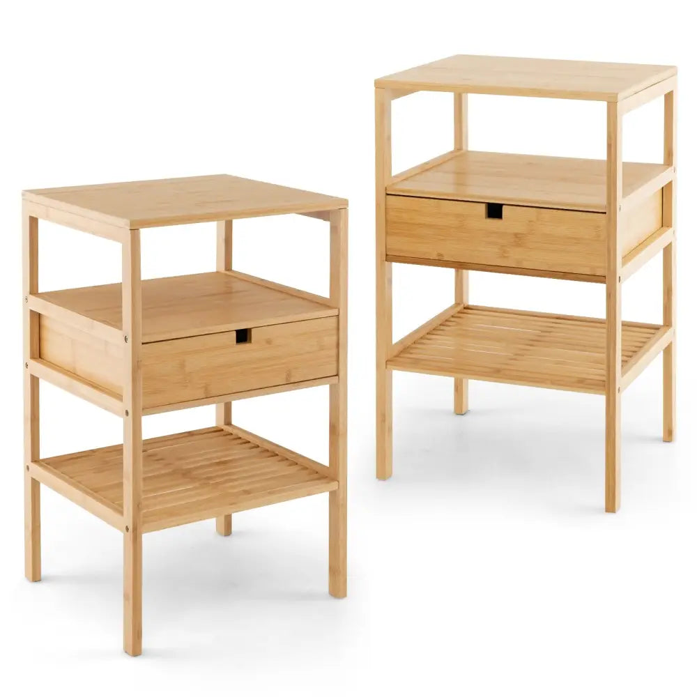 Nightstand Set of 2 Bamboo End Table with 2 Open Shelves and Drawer-Set of 2 - Natural - Nightstands