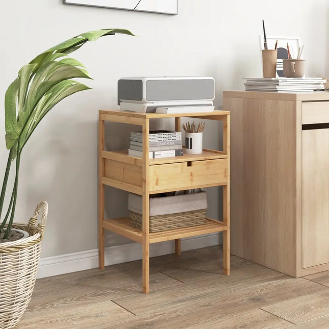 Nightstand Set of 2 Bamboo End Table with 2 Open Shelves and Drawer-Set of 2 - Natural - Nightstands