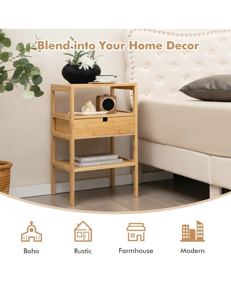 Nightstand Set of 2 Bamboo End Table with 2 Open Shelves and Drawer-Set of 2 - Natural - Nightstands