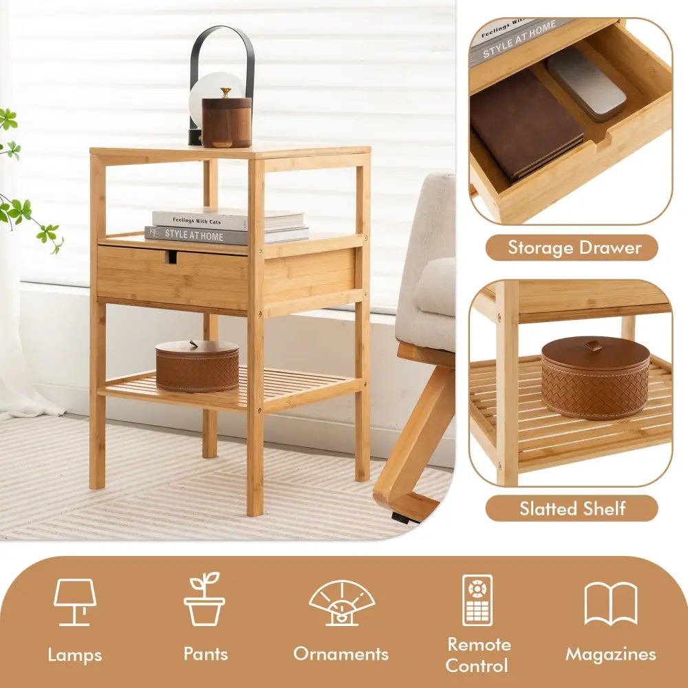 Nightstand Set of 2 Bamboo End Table with 2 Open Shelves and Drawer-Set of 2 - Natural - Nightstands