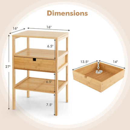 Nightstand Set of 2 Bamboo End Table with 2 Open Shelves and Drawer-Set of 2 - Natural - Nightstands