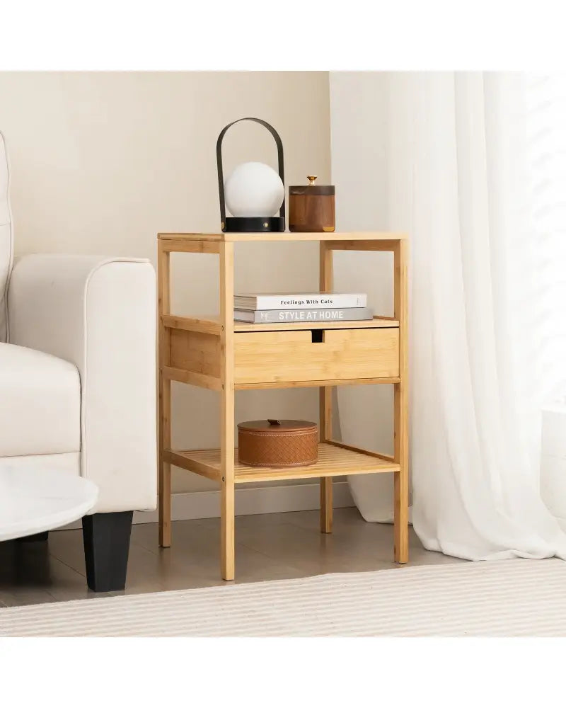 Nightstand Set of 2 Bamboo End Table with 2 Open Shelves and Drawer-Set of 2 - Natural - Nightstands