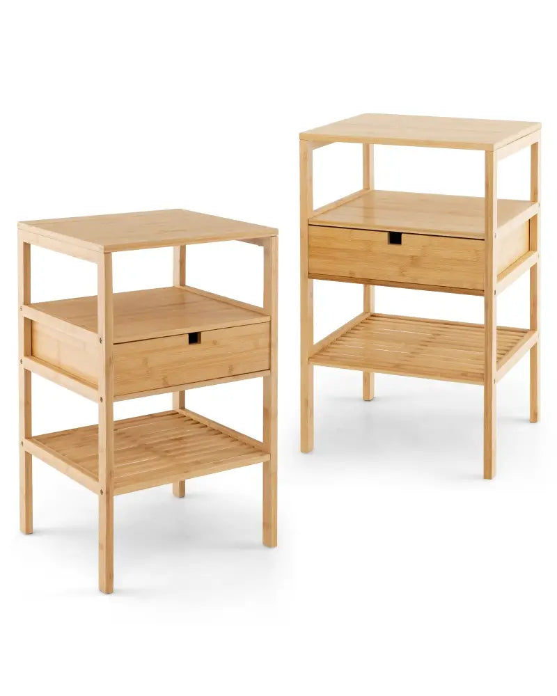 Nightstand Set of 2 Bamboo End Table with 2 Open Shelves and Drawer-Set of 2 - Natural - Nightstands