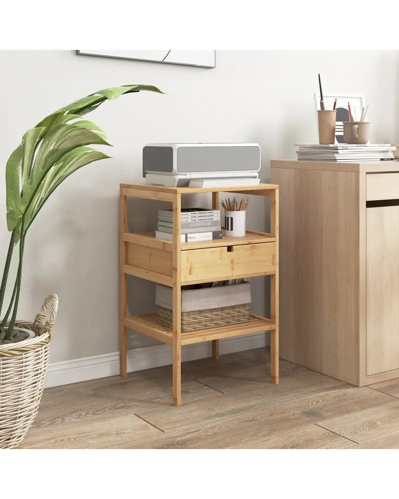 Nightstand Set of 2 Bamboo End Table with 2 Open Shelves and Drawer-Set of 2 - Natural - Nightstands