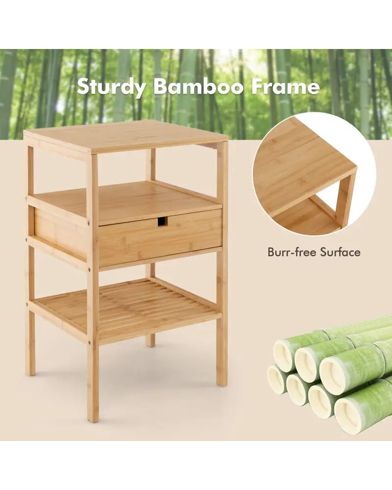 Nightstand Set of 2 Bamboo End Table with 2 Open Shelves and Drawer-Set of 2 - Natural - Nightstands