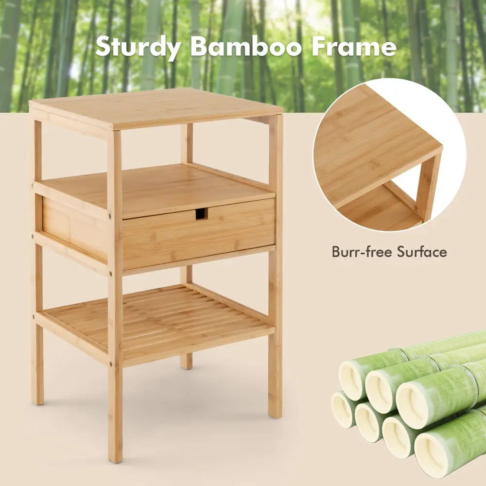 Nightstand Set of 2 Bamboo End Table with 2 Open Shelves and Drawer-Set of 2 - Natural - Nightstands