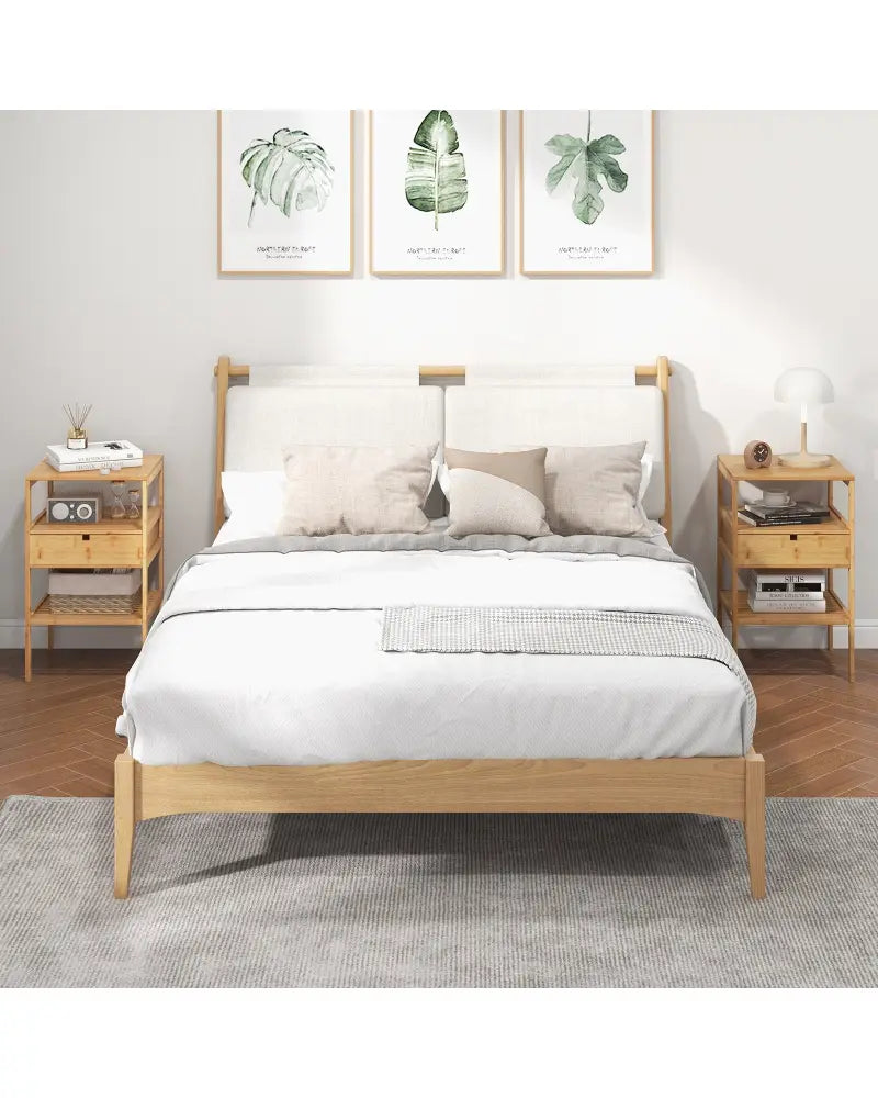 Nightstand Set of 2 Bamboo End Table with 2 Open Shelves and Drawer-Set of 2 - Natural - Nightstands