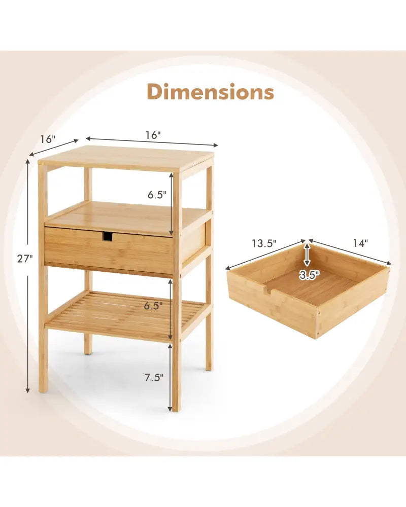 Nightstand Set of 2 Bamboo End Table with 2 Open Shelves and Drawer-Set of 2 - Natural - Nightstands