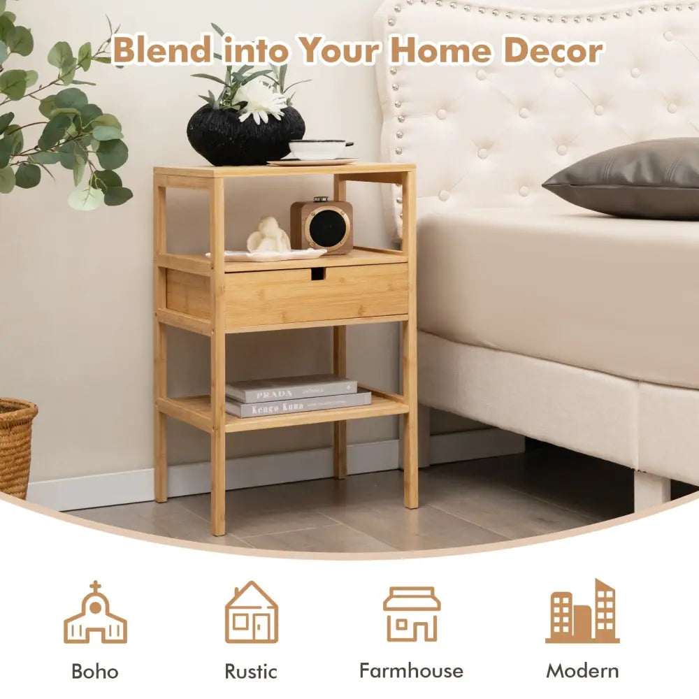 Nightstand Set of 2 Bamboo End Table with 2 Open Shelves and Drawer-Set of 2 - Natural - Nightstands