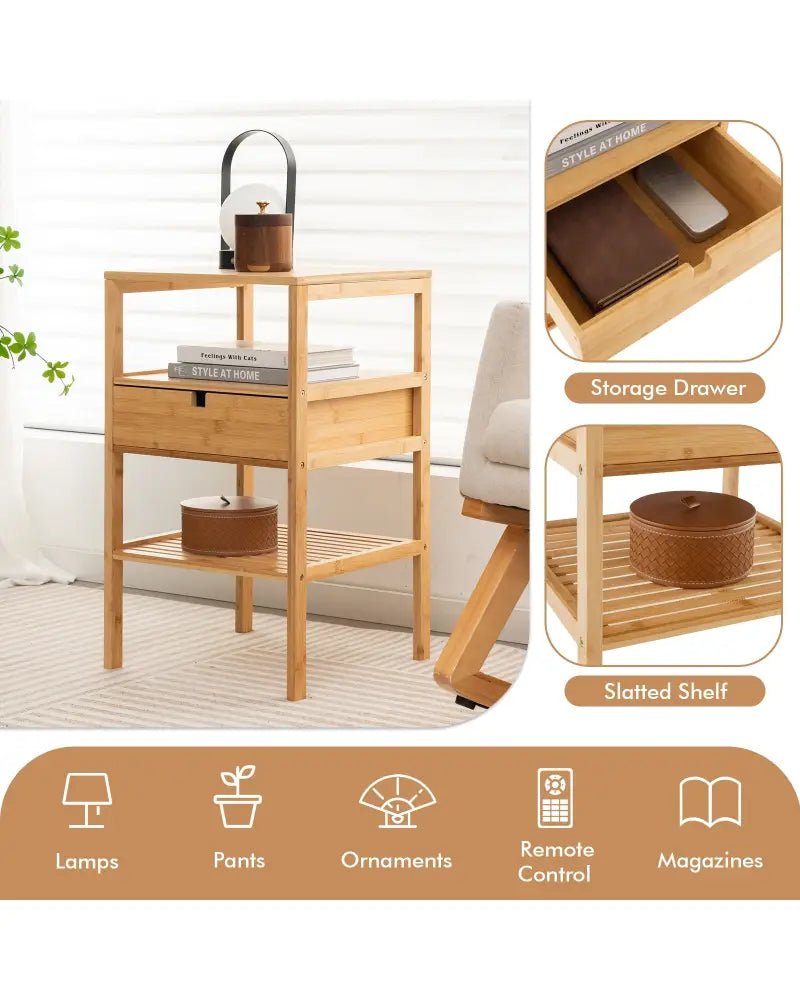 Nightstand Set of 2 Bamboo End Table with 2 Open Shelves and Drawer-Set of 2 - Natural - Nightstands