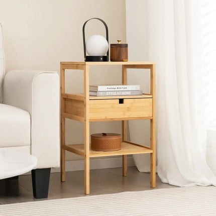 Nightstand Set of 2 Bamboo End Table with 2 Open Shelves and Drawer-Set of 2 - Natural - Nightstands