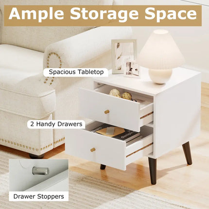 Nightstand Set of 2 Mid Century Modern Bedside Table with Golden Knobs and Raised Support Legs - White - Nightstands