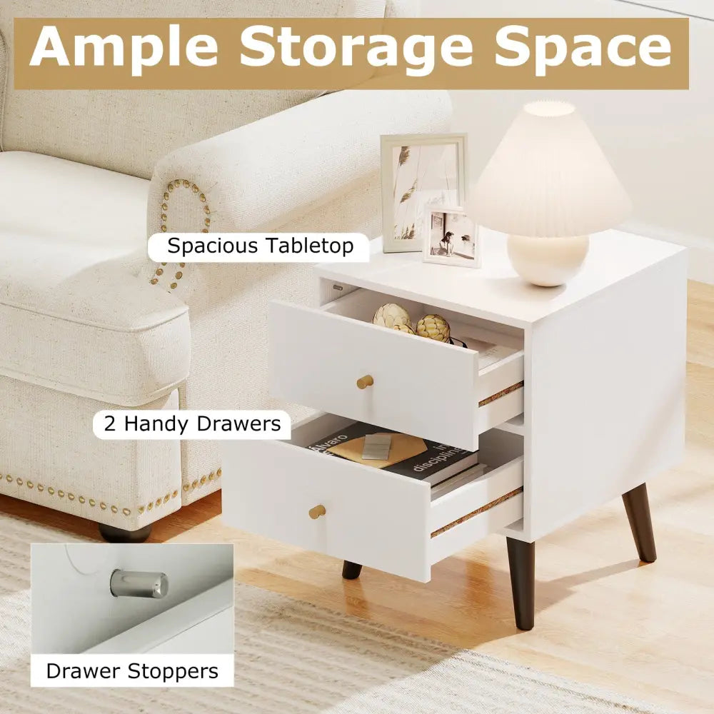 Nightstand Set of 2 Mid Century Modern Bedside Table with Golden Knobs and Raised Support Legs - White - Nightstands