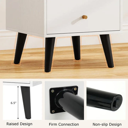 Nightstand Set of 2 Mid Century Modern Bedside Table with Golden Knobs and Raised Support Legs - White - Nightstands
