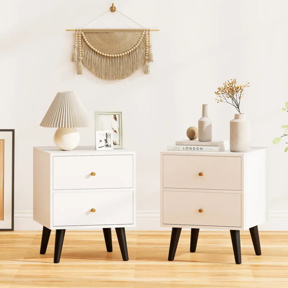 Nightstand Set of 2 Mid Century Modern Bedside Table with Golden Knobs and Raised Support Legs - White - Nightstands