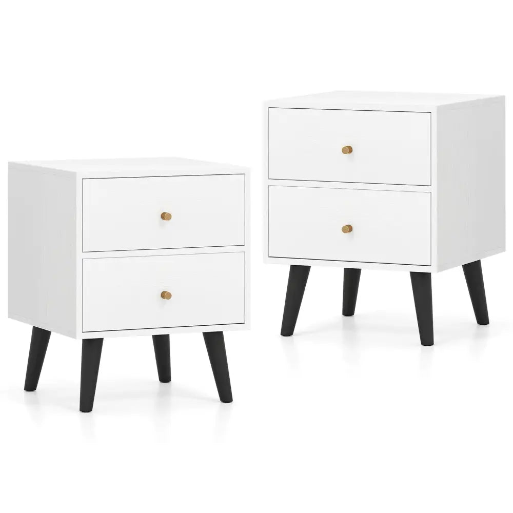 Nightstand Set of 2 Mid Century Modern Bedside Table with Golden Knobs and Raised Support Legs - White - Nightstands