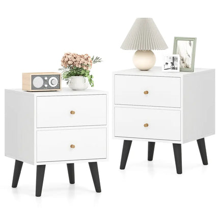 Nightstand Set of 2 Mid Century Modern Bedside Table with Golden Knobs and Raised Support Legs - White - Nightstands