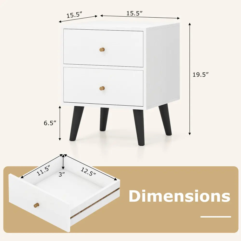 Nightstand Set of 2 Mid Century Modern Bedside Table with Golden Knobs and Raised Support Legs - White - Nightstands