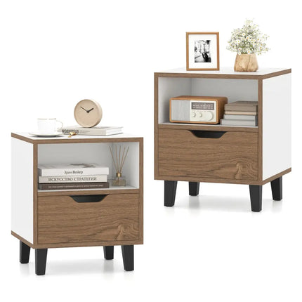 Nightstand Set of 2 with Drawer and Open Storage Shelf for Bedroom-White - White - Nightstands