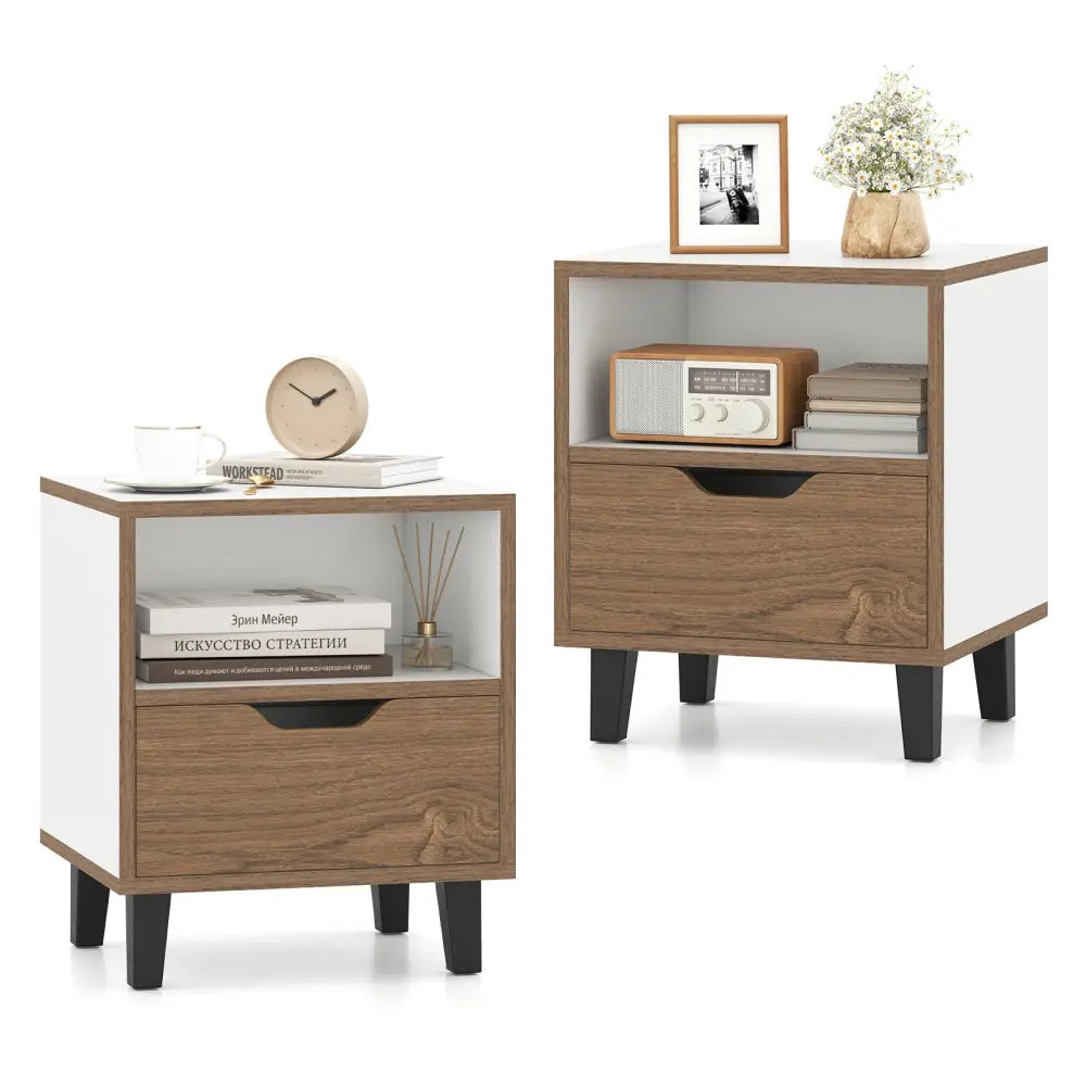 Nightstand Set of 2 with Drawer and Open Storage Shelf for Bedroom-White - White - Nightstands