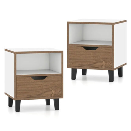 Nightstand Set of 2 with Drawer and Open Storage Shelf for Bedroom-White - White - Nightstands