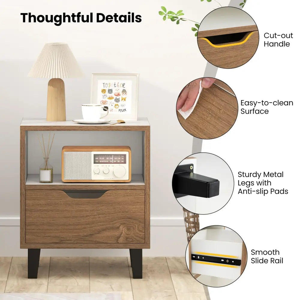 Nightstand Set of 2 with Drawer and Open Storage Shelf for Bedroom-White - White - Nightstands