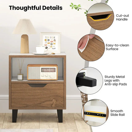 Nightstand Set of 2 with Drawer and Open Storage Shelf for Bedroom-White - White - Nightstands