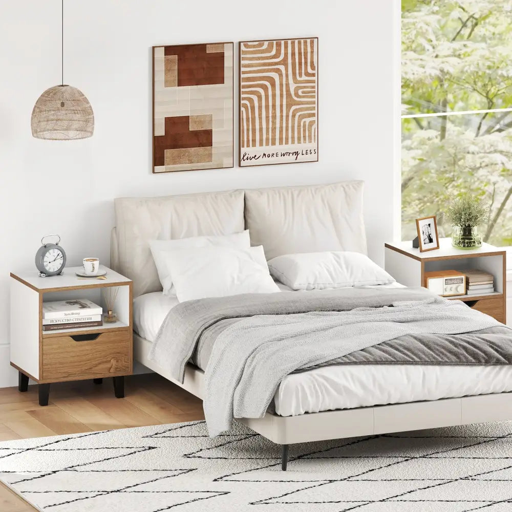 Nightstand Set of 2 with Drawer and Open Storage Shelf for Bedroom-White - White - Nightstands