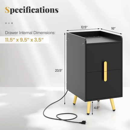 Nightstand Side Tables with 2 Drawers and 2 USB Ports-Black - Black - Nightstands
