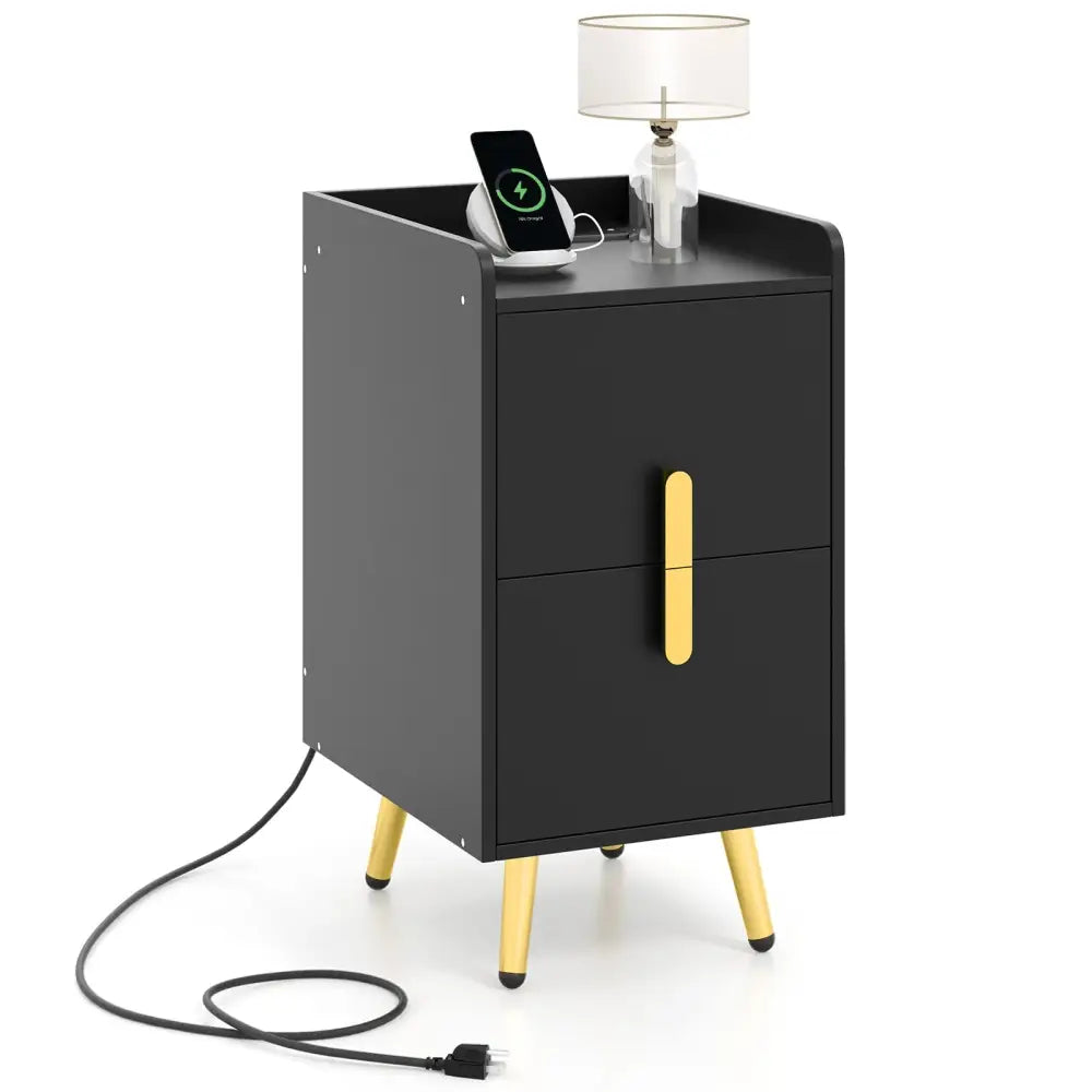 Nightstand Side Tables with 2 Drawers and 2 USB Ports-Black - Black - Nightstands