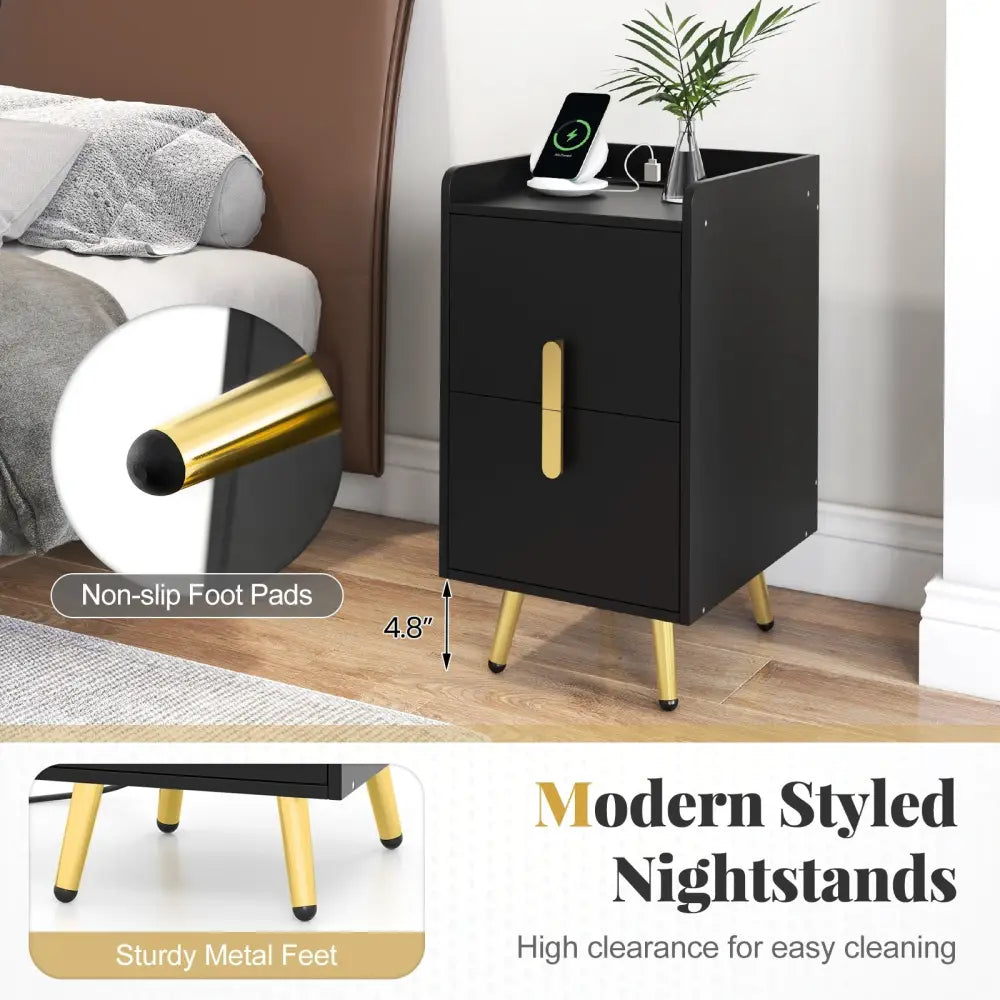 Nightstand Side Tables with 2 Drawers and 2 USB Ports-Black - Black - Nightstands