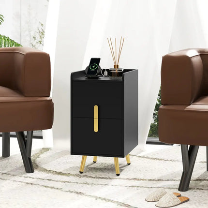 Nightstand Side Tables with 2 Drawers and 2 USB Ports-Black - Black - Nightstands