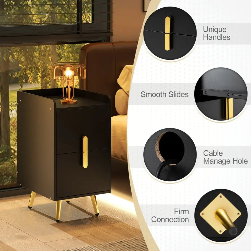 Nightstand Side Tables with 2 Drawers and 2 USB Ports-Black - Black - Nightstands