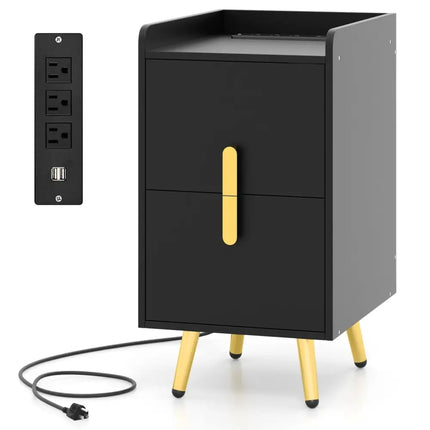 Nightstand Side Tables with 2 Drawers and 2 USB Ports-Black - Black - Nightstands