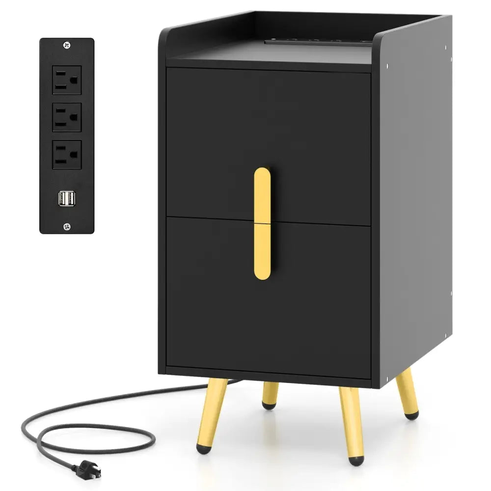 Nightstand Side Tables with 2 Drawers and 2 USB Ports-Black - Black - Nightstands