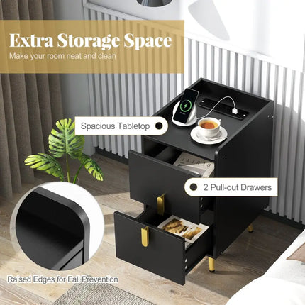 Nightstand Side Tables with 2 Drawers and 2 USB Ports-Black - Black - Nightstands