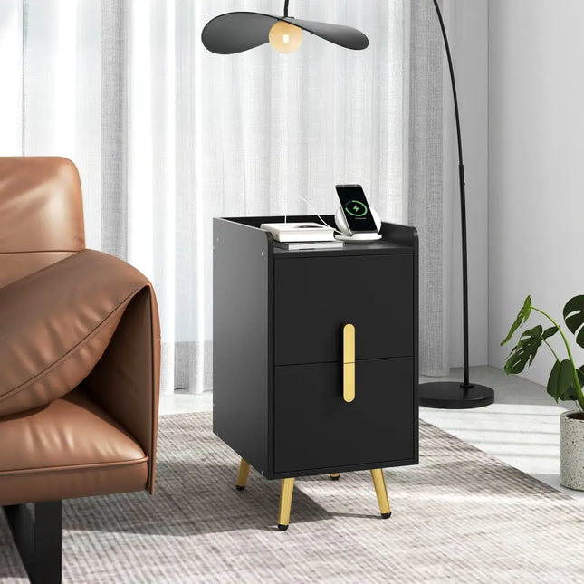 Nightstand Side Tables with 2 Drawers and 2 USB Ports-Black - Black - Nightstands