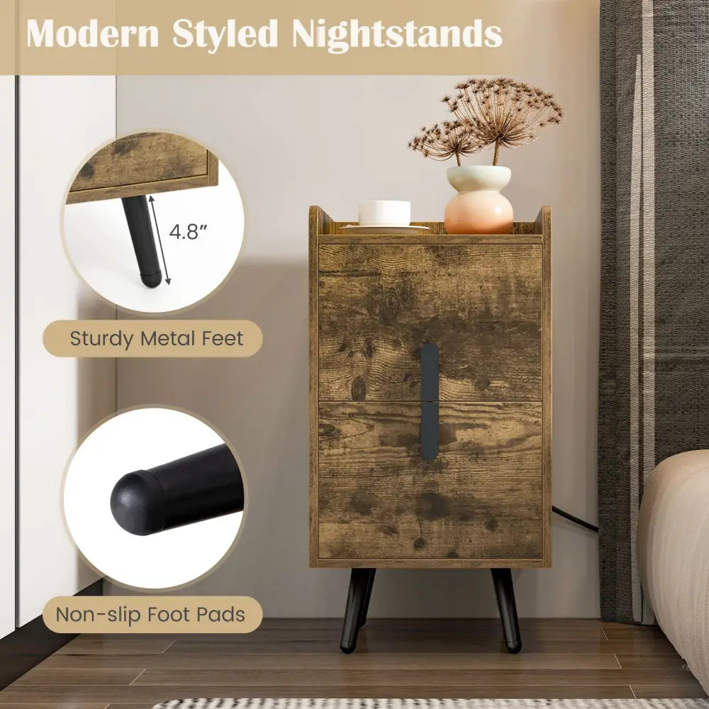 Nightstand Side Tables with 2 Drawers and 2 USB Ports-Rustic Brown - Rustic Brown - Nightstands