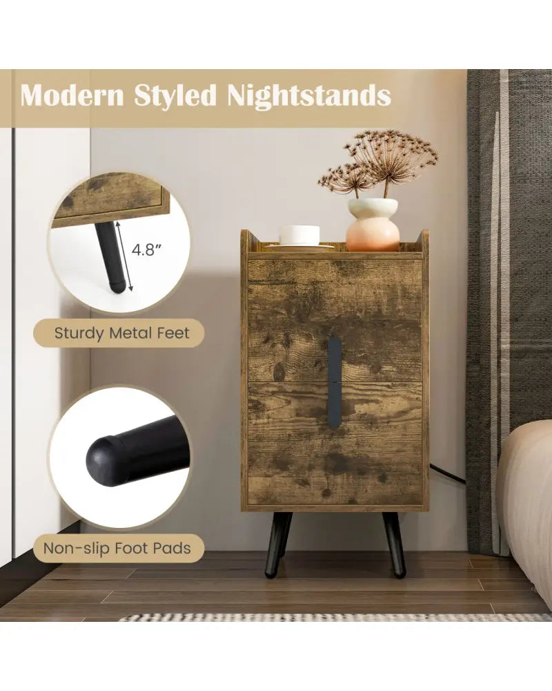 Nightstand Side Tables with 2 Drawers and 2 USB Ports-Rustic Brown - Rustic Brown - Nightstands