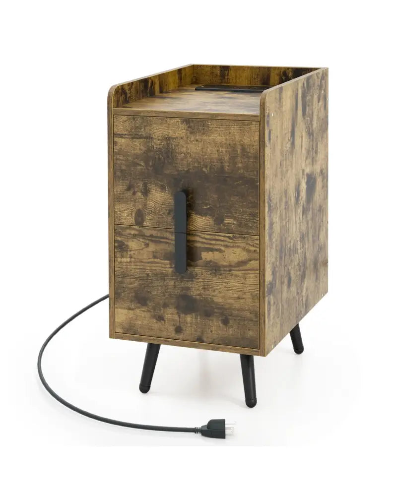 Nightstand Side Tables with 2 Drawers and 2 USB Ports-Rustic Brown - Rustic Brown - Nightstands
