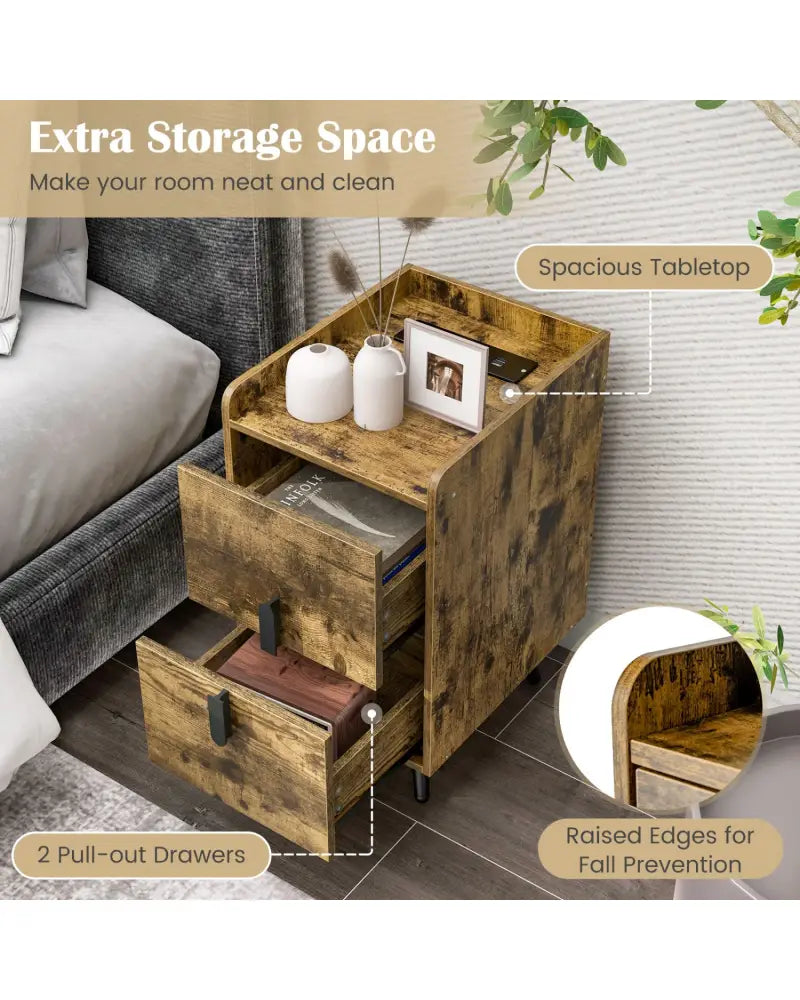 Nightstand Side Tables with 2 Drawers and 2 USB Ports-Rustic Brown - Rustic Brown - Nightstands