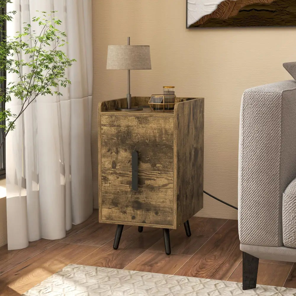 Nightstand Side Tables with 2 Drawers and 2 USB Ports-Rustic Brown - Rustic Brown - Nightstands