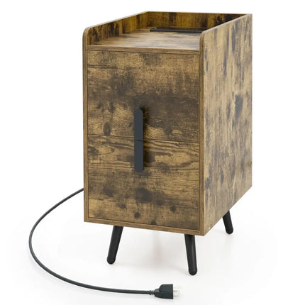 Nightstand Side Tables with 2 Drawers and 2 USB Ports-Rustic Brown - Rustic Brown - Nightstands