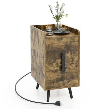 Nightstand Side Tables with 2 Drawers and 2 USB Ports-Rustic Brown - Rustic Brown - Nightstands
