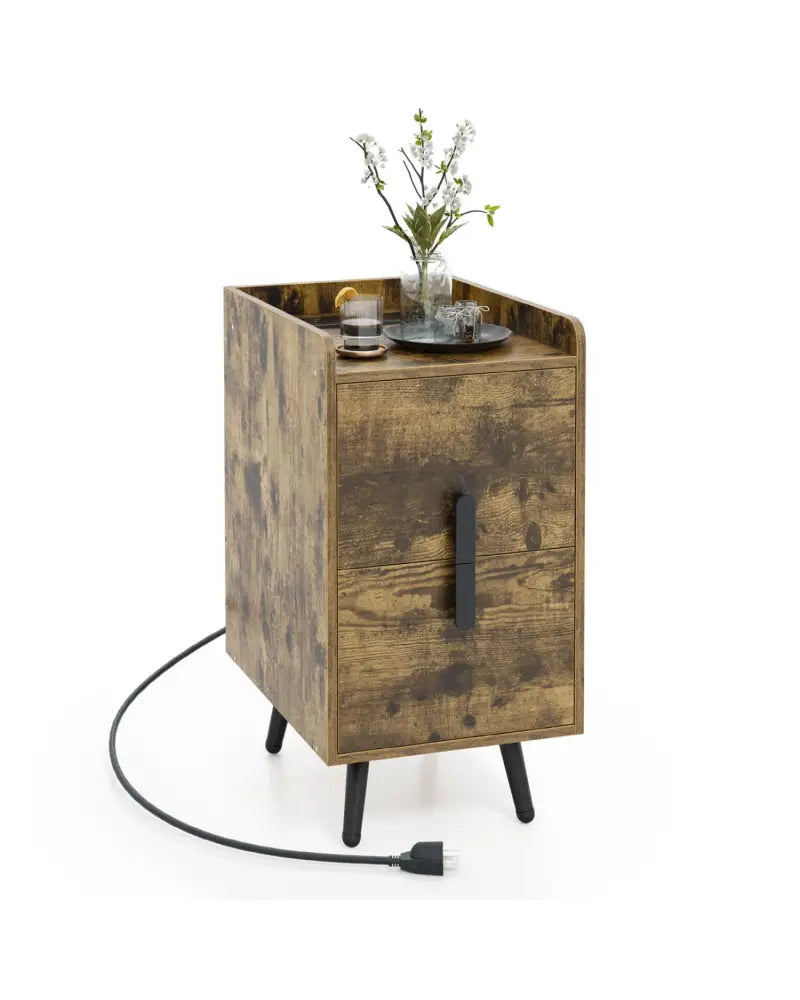 Nightstand Side Tables with 2 Drawers and 2 USB Ports-Rustic Brown - Rustic Brown - Nightstands