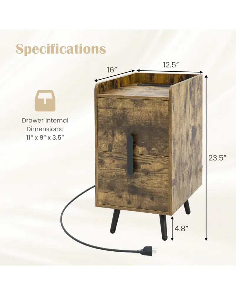 Nightstand Side Tables with 2 Drawers and 2 USB Ports-Rustic Brown - Rustic Brown - Nightstands