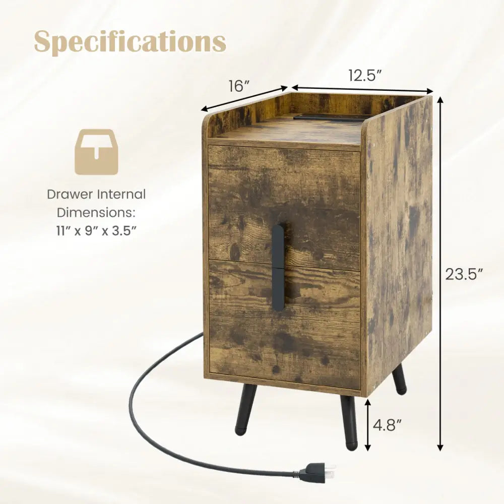 Nightstand Side Tables with 2 Drawers and 2 USB Ports-Rustic Brown - Rustic Brown - Nightstands