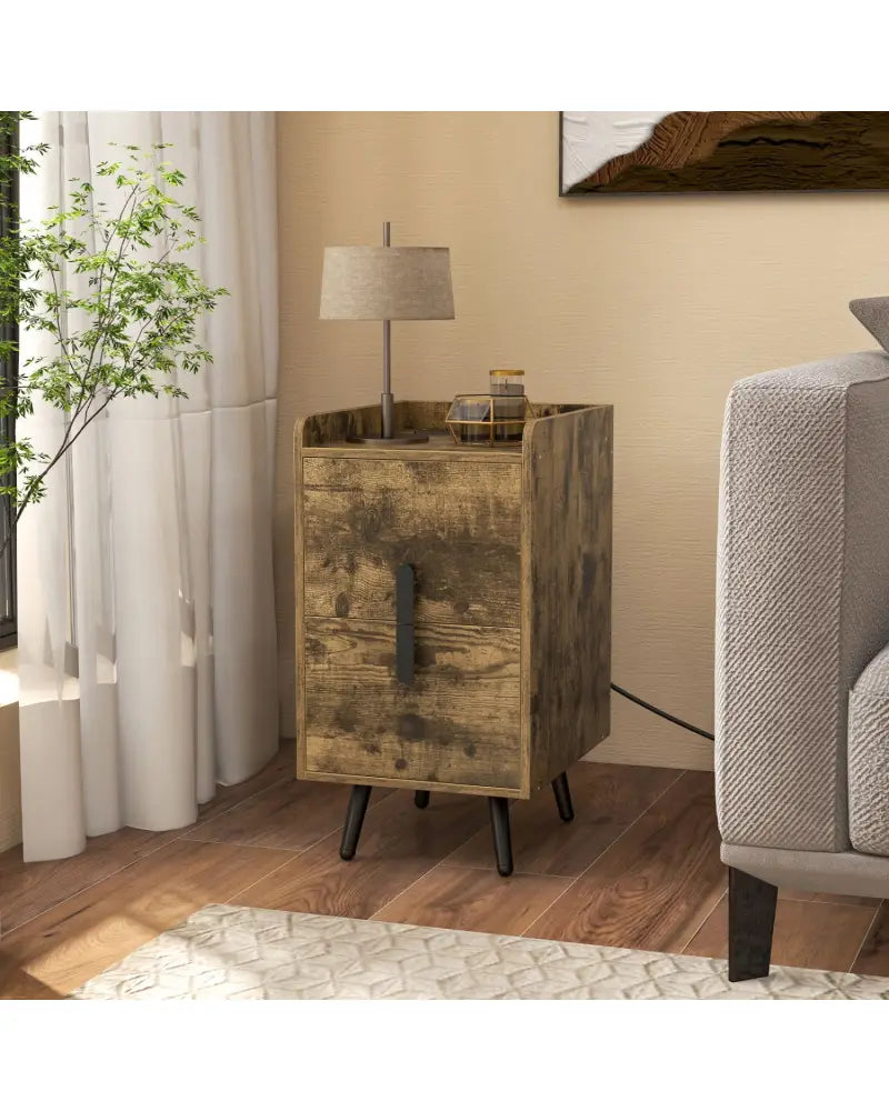 Nightstand Side Tables with 2 Drawers and 2 USB Ports-Rustic Brown - Rustic Brown - Nightstands